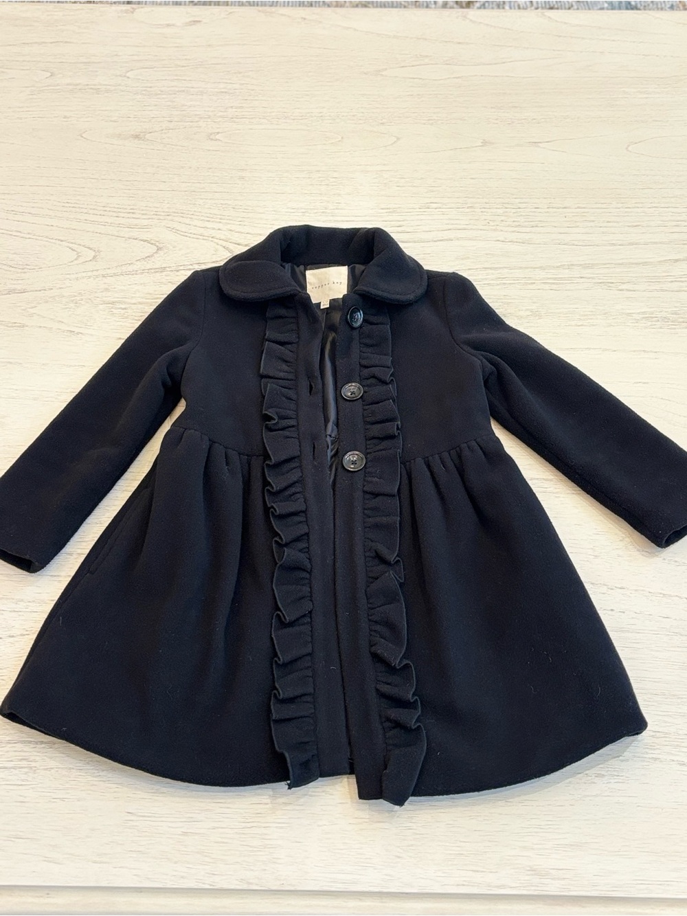 Copper Key Size 6- Black Ruffle-Front Pea Coat for Girls